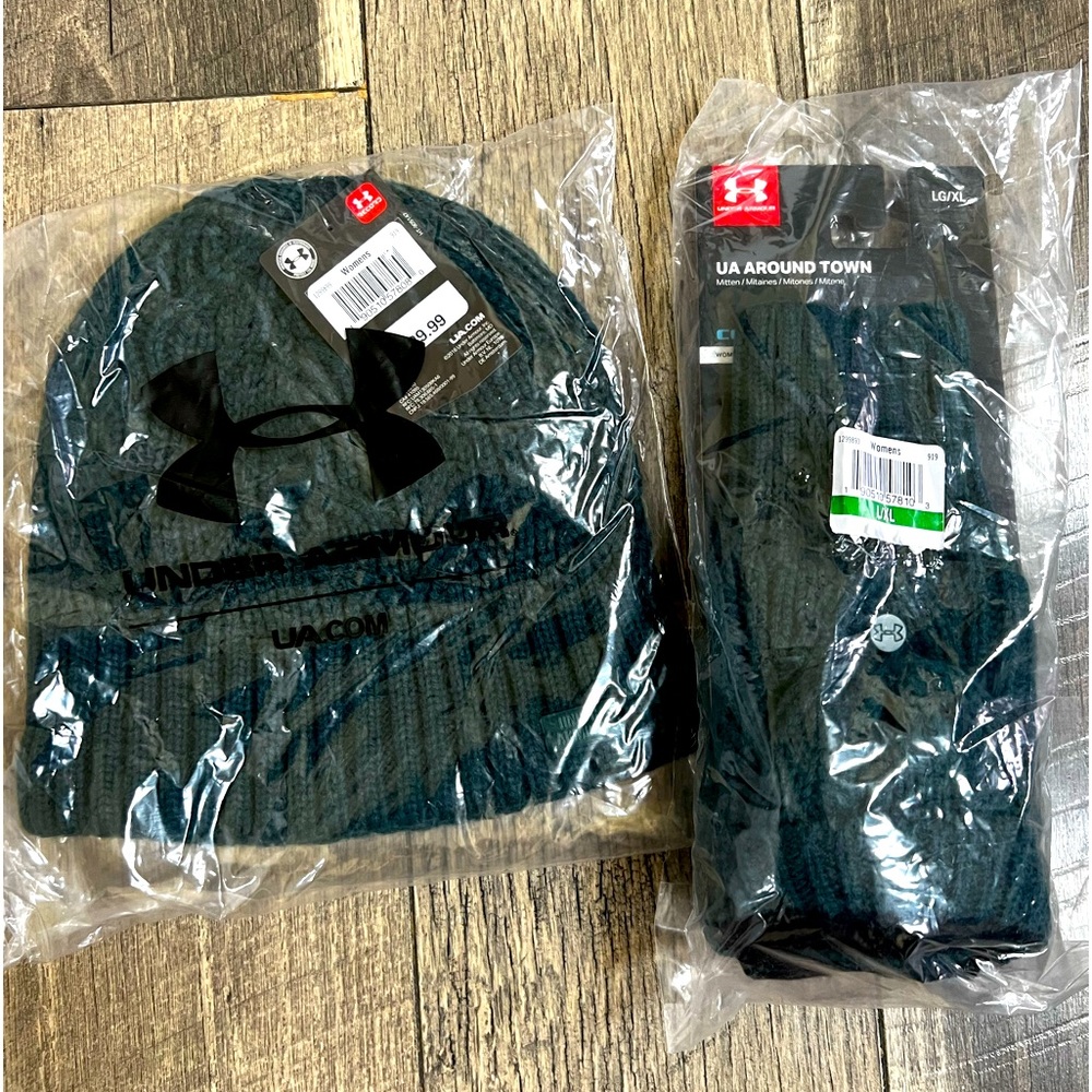 Hunter Green Under Armour winter hat and mitten/gloves.